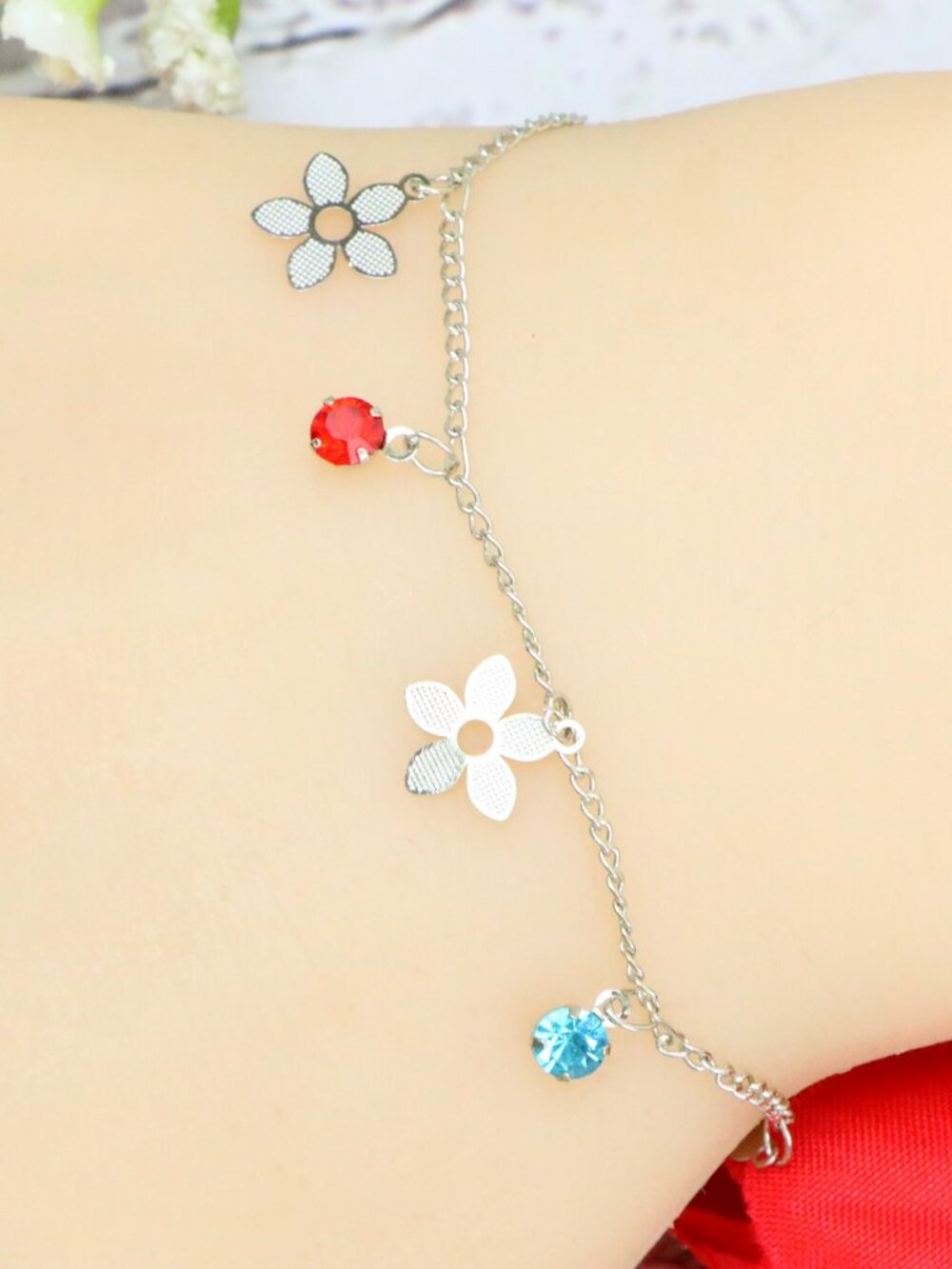 925 Silver Plated Flower Dangle Bracelet, Red Blue Pink CZ Jewelry | WALRCN126